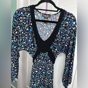 Bisou Bisou Black Dress with Blue, Lavender & White Abstract Print Large Vneck